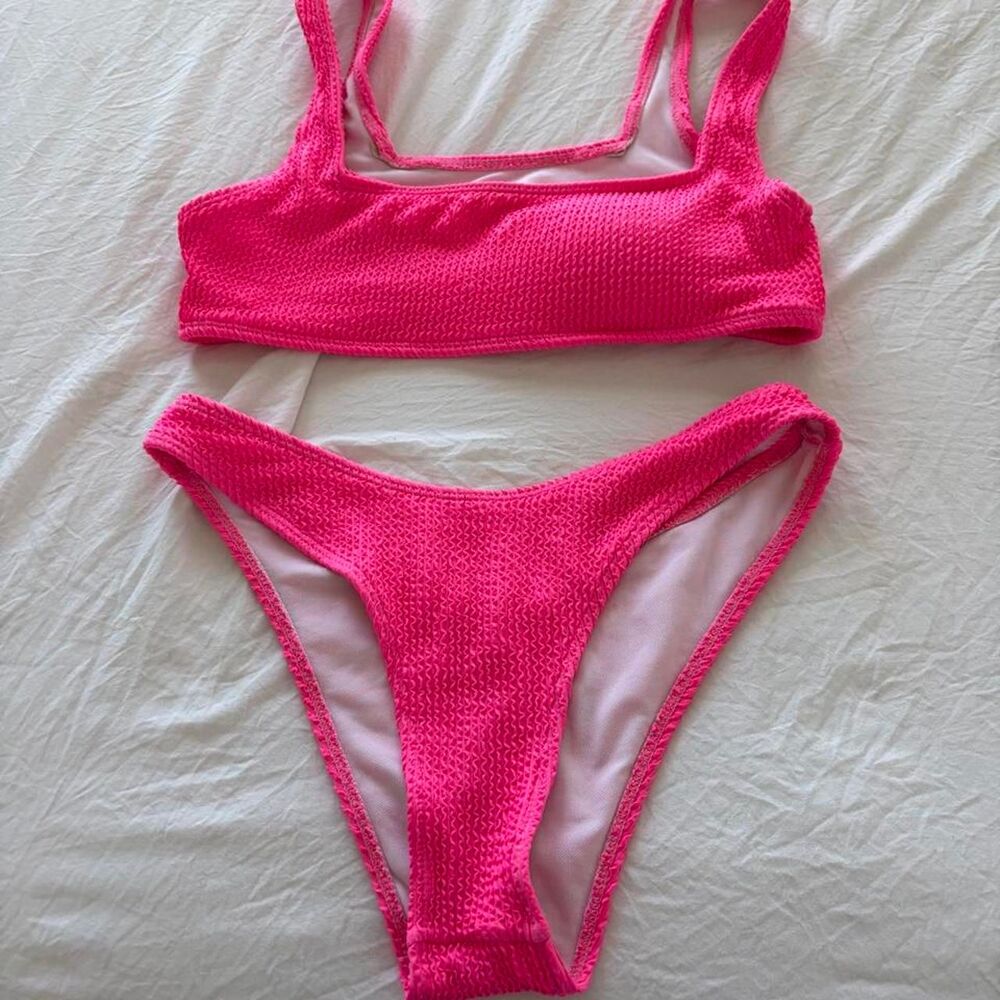 SHEIN Women's Pink Bikini Set High Cut Bottoms Two Piece Swimsuit Summer Swimwea